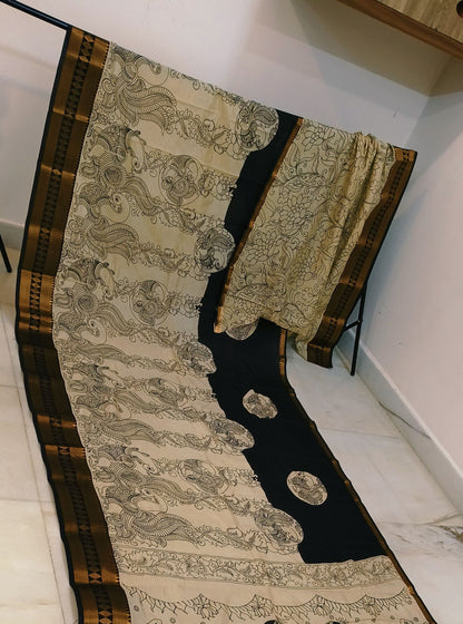 Classic Black Pen Kalamkari Saree with Mythological Narrative Border & Traditional Motifs