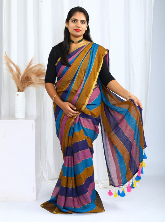 Elegant Brown, Blue and Pink Multicolor Mul Cotton Saree for Everyday Wear