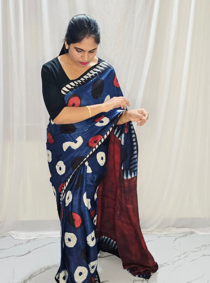Rust Red & Indigo Pure Modal Silk Saree with Abstract Circular Motifs & Contrast Border