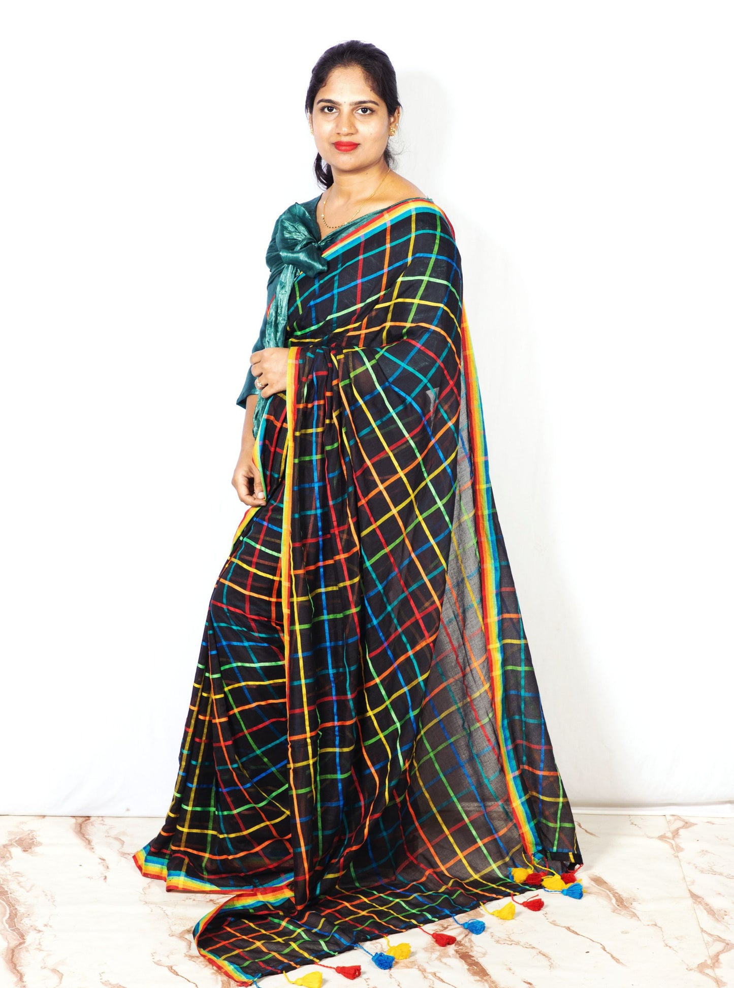Black Mul Cotton Saree with Multicolor Checks & Tassel Pallu