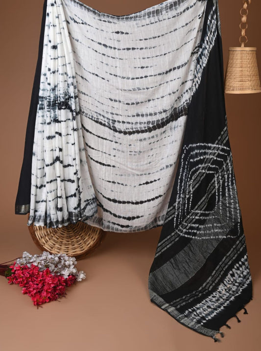 Ivory & Black Linen Cotton Saree with Shibori-Inspired Tie-Dye Patterns