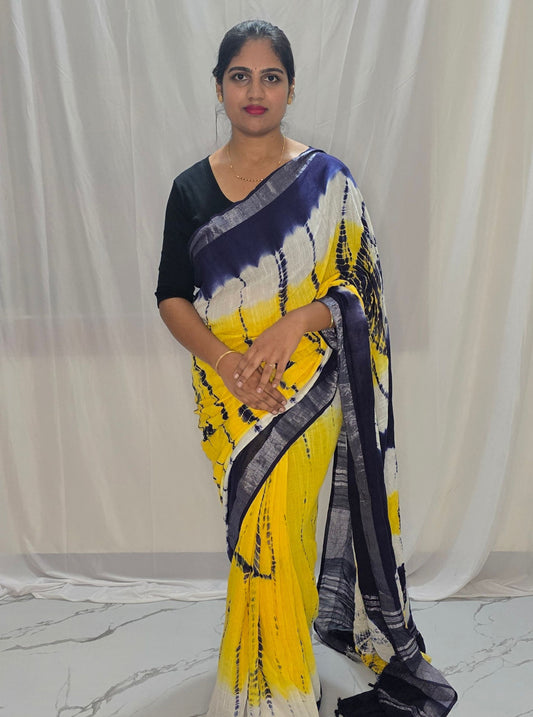 Yellow & Navy Blue Linen Cotton Saree with Abstract Tie-Dye Inspired Patterns