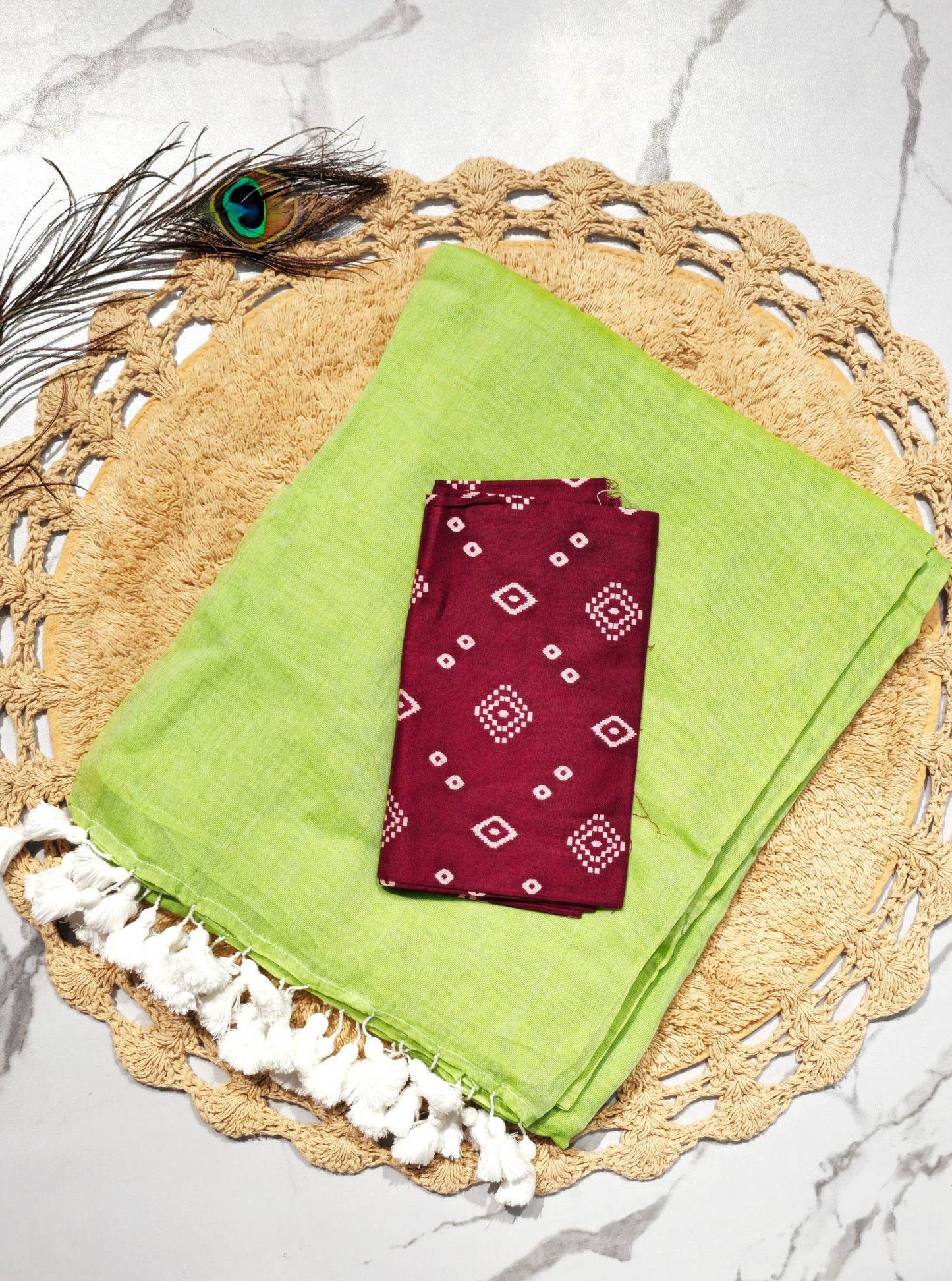Fresh Lime Green Mul Cotton Saree with Tasselled Pallu & Maroon Ikat-Style Blouse
