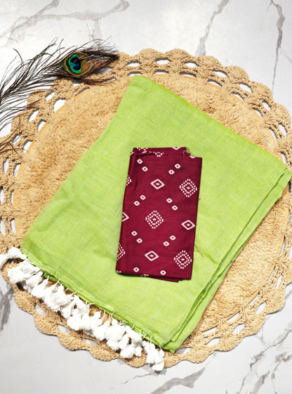 Fresh Lime Green Mul Cotton Saree with Tasselled Pallu & Maroon Ikat-Style Blouse