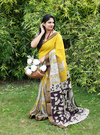 Mustard Yellow Kalamkari Mangalagiri Silk Saree with Contrast Pallu