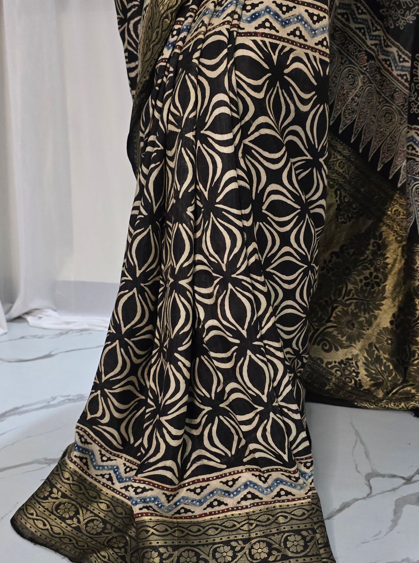 Classic Black Dola Silk Saree with Traditional Ajrakh Print & Antique Gold Border