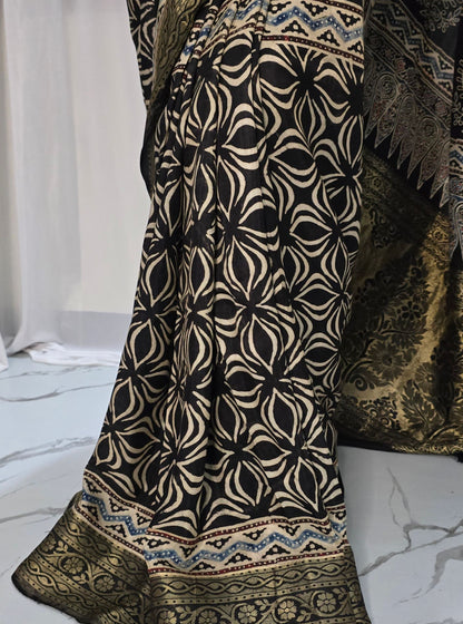 Classic Black Dola Silk Saree with Traditional Ajrakh Print & Antique Gold Border