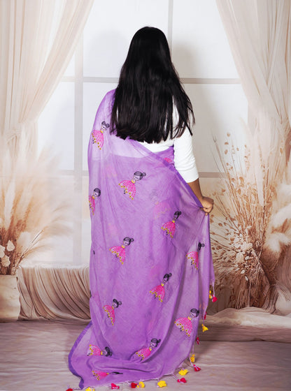 Lavender Mul Cotton Saree with Colorful Doll Embroidery & Tassel Pallu