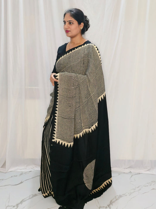 Black & Ivory Pure Modal Silk Saree with Contemporary Stripe Design