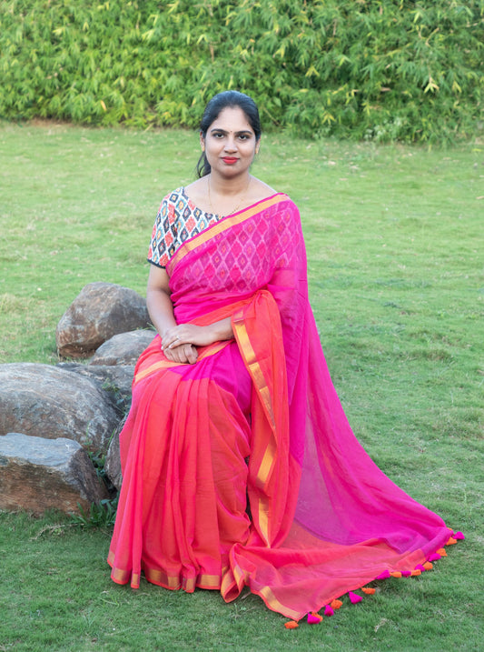 Radiant Pink Mul Cotton Saree with Pallu & Contrast Border