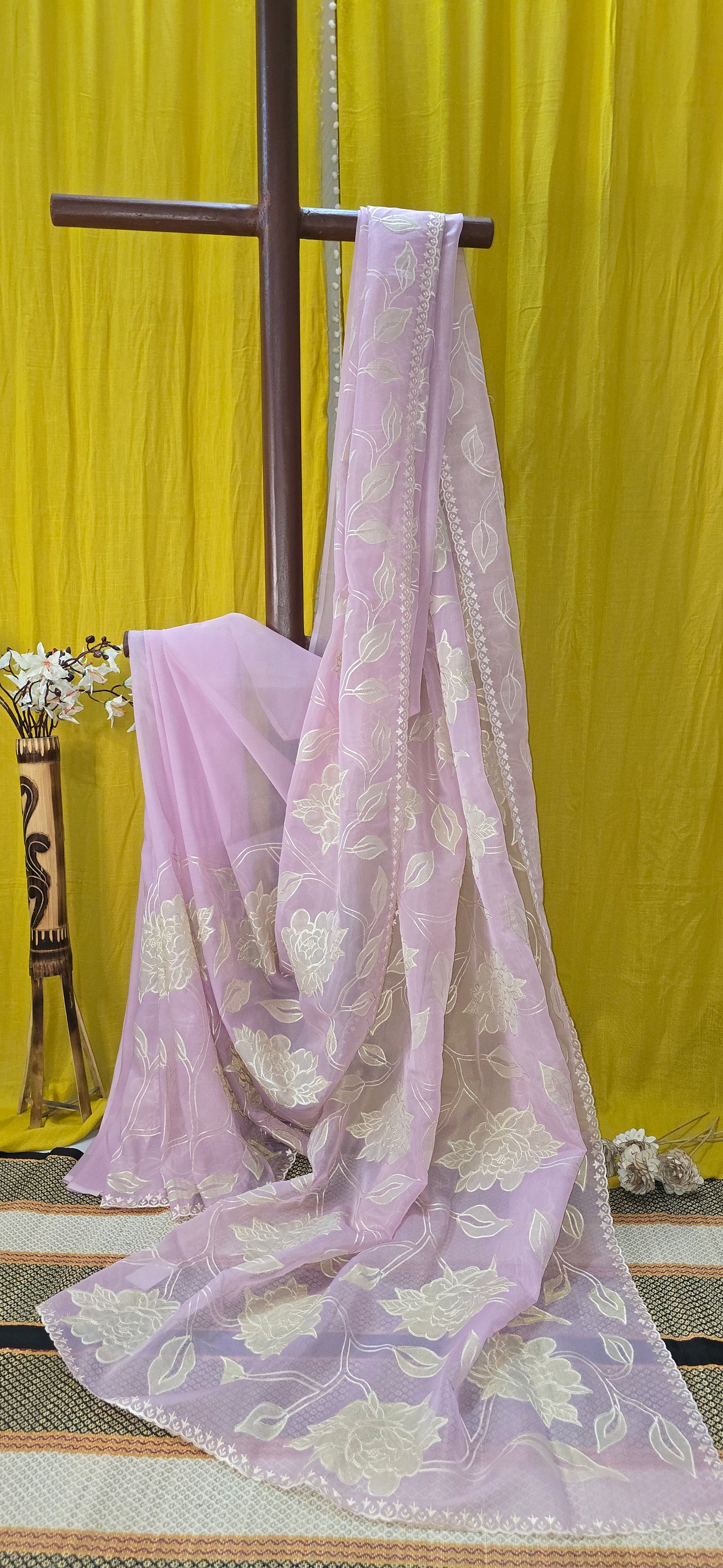Elegant Pink Silk Tissue Saree with Applique Design for Festive Wear