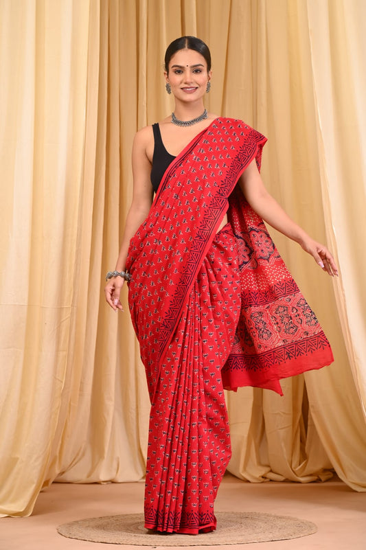 Vibrant Red Bagru Print Cotton Saree with Ethnic Motifs