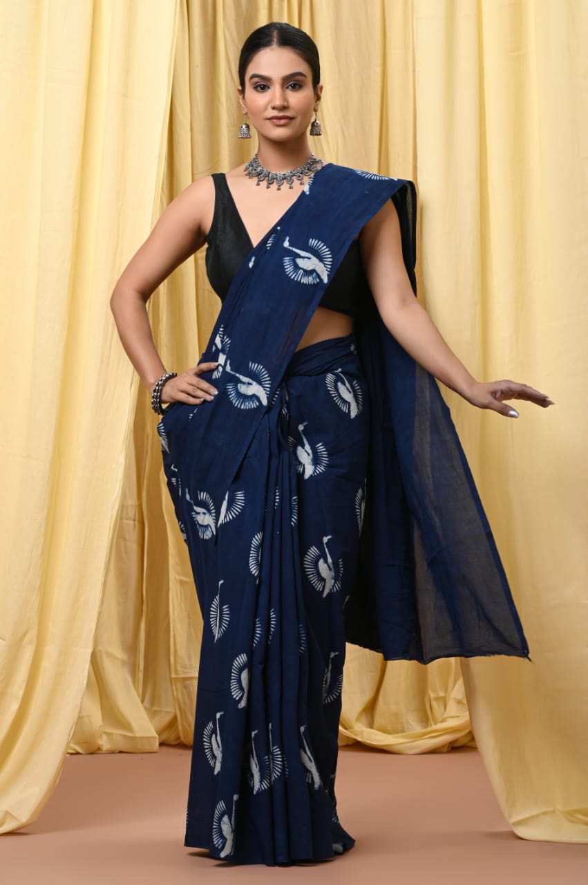 Indigo Blue Bagru Print Cotton Saree with Crane Motifs