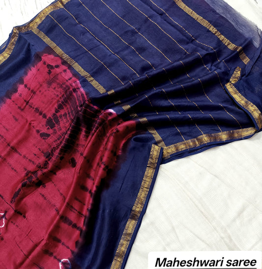 Navy Blue & Rani Pink Maheshwari Silk Saree with Ajrakh Pallu & Gold Zari Border