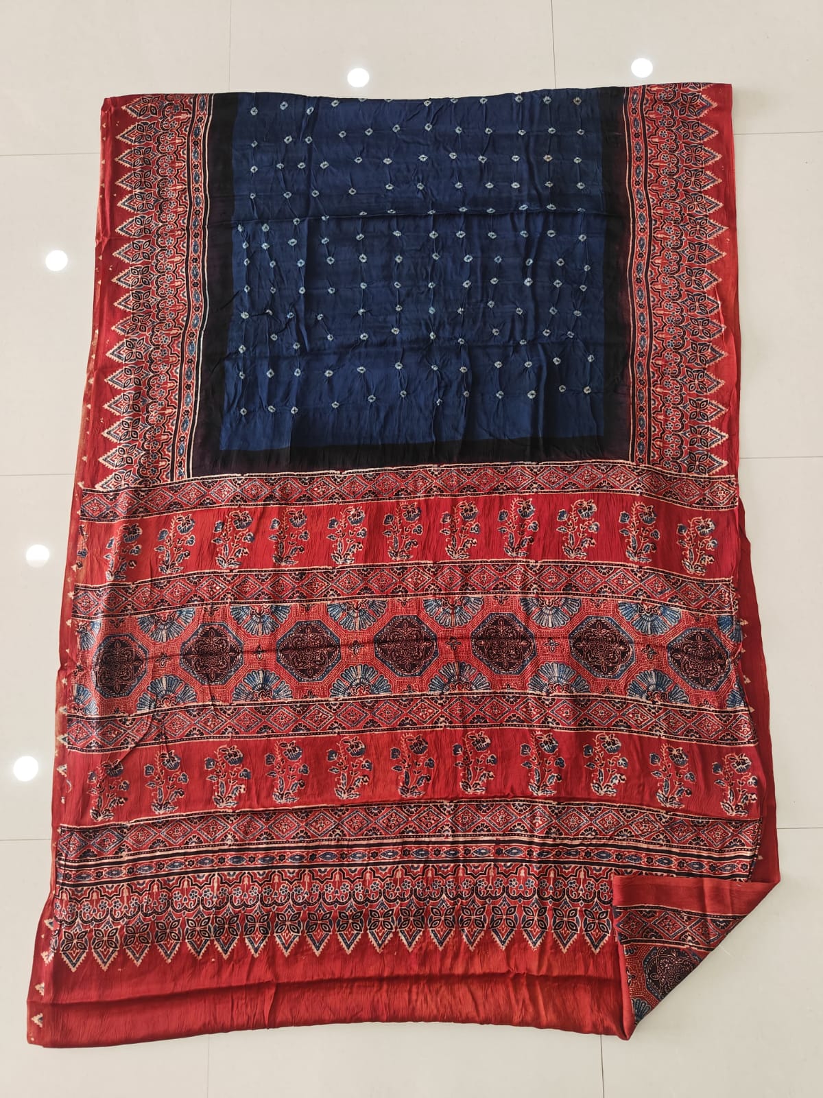 Purple and Black Bandhani Modal Silk Ajrakh Saree with Floral Pallu