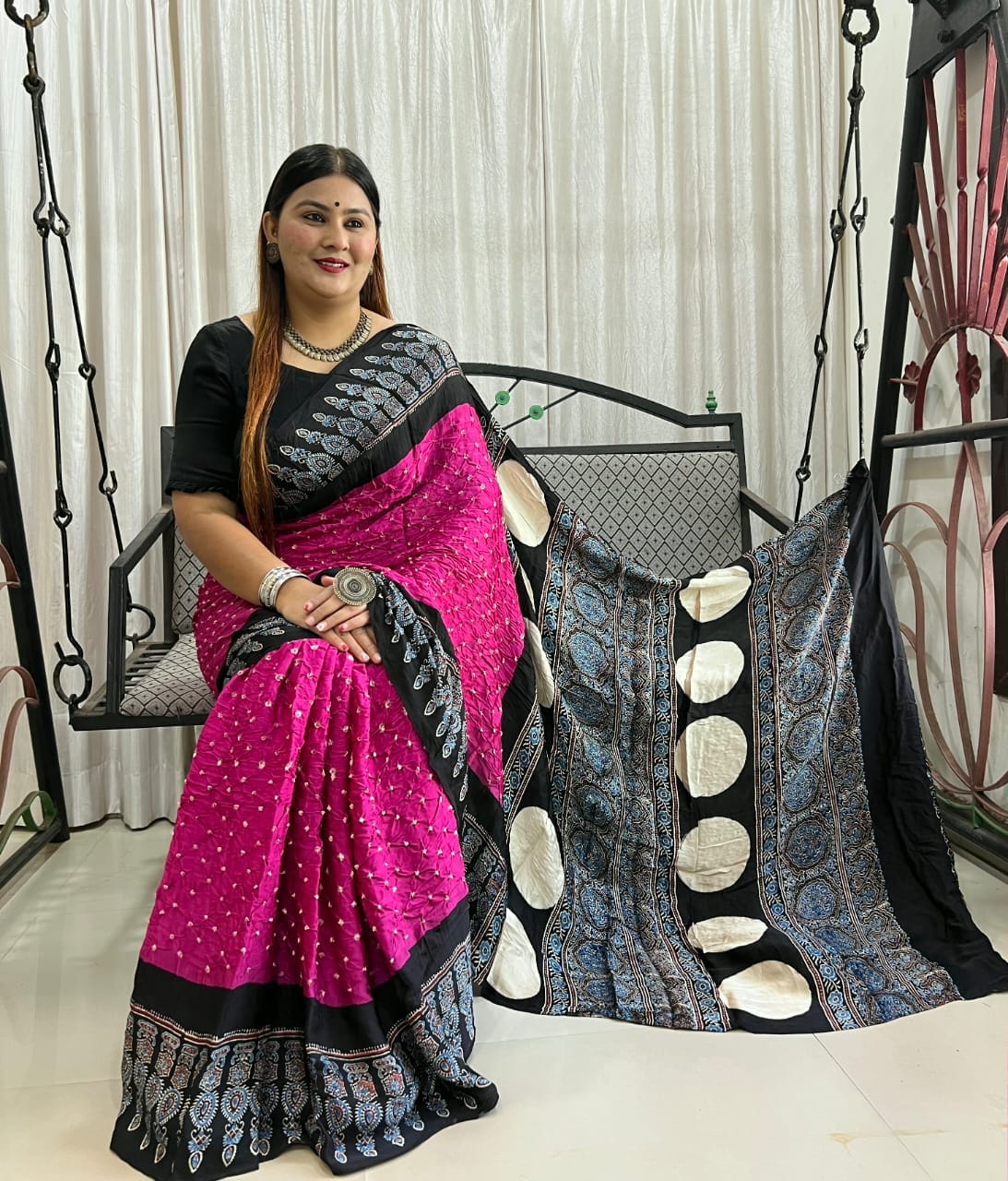 Magenta Pink Bandhani Modal Silk Ajrakh Saree with Black Printed Pallu