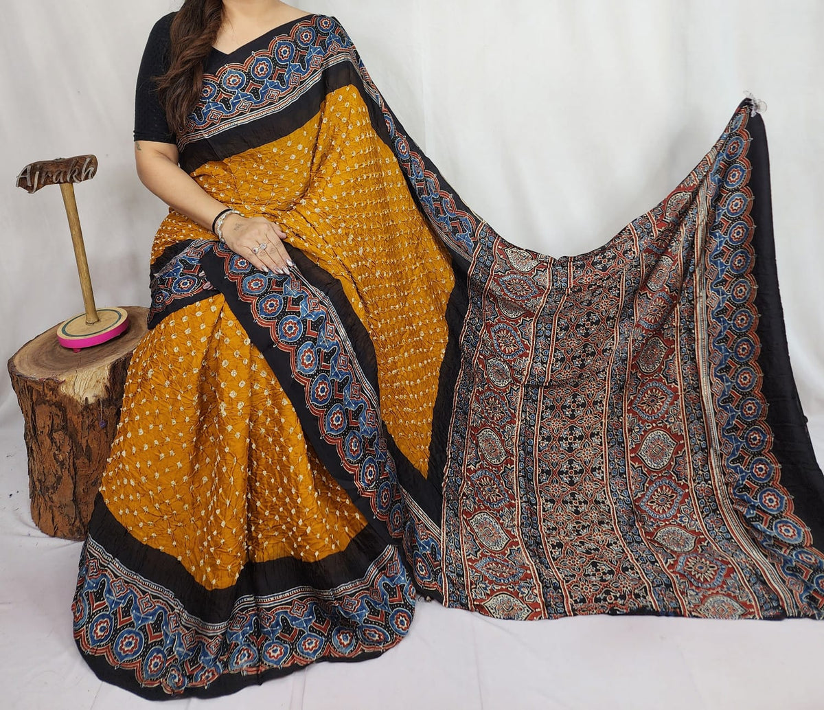 Red Bandhani Modal Silk Ajrakh Saree with Black and Blue Ajrakh Border