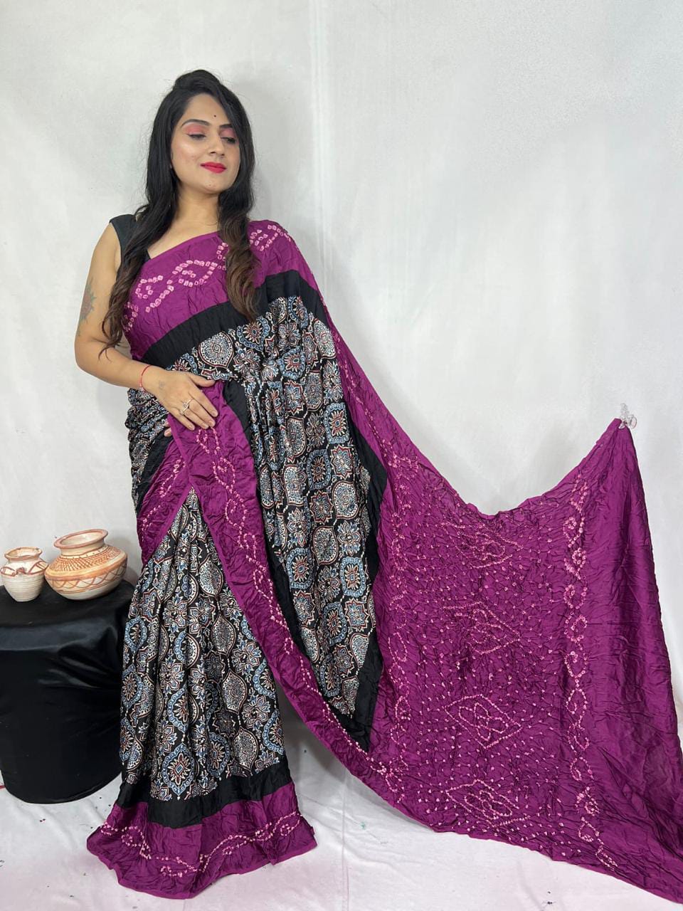 Navy Blue Bandhani Modal Silk Ajrakh Saree with Red Ajrakh Border