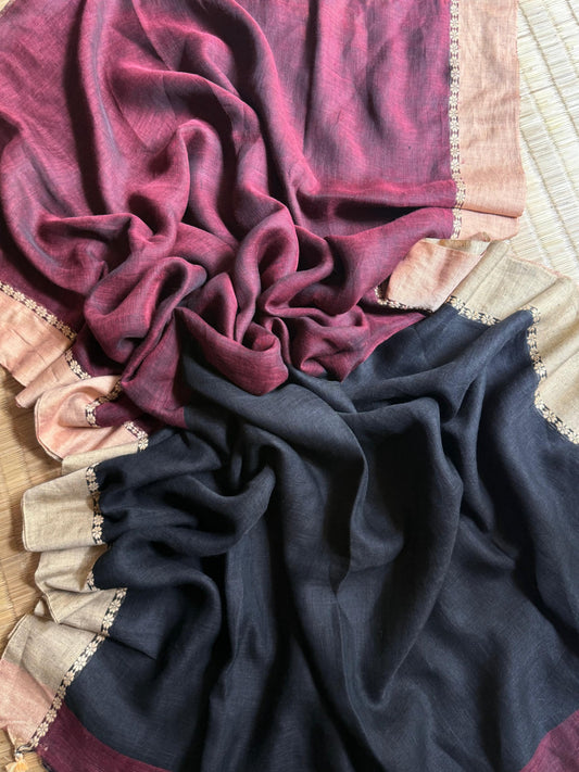 Berry wine and charcoal linen cotton handloom saree with beige-gold border