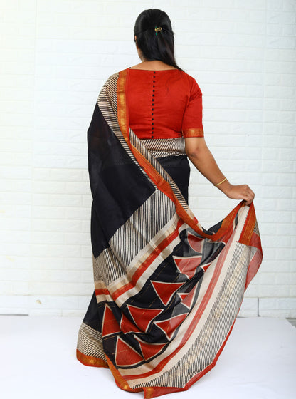 Stylish Black and White Maheshwari Silk Saree with Hand Block Print for Festive & Party Wear