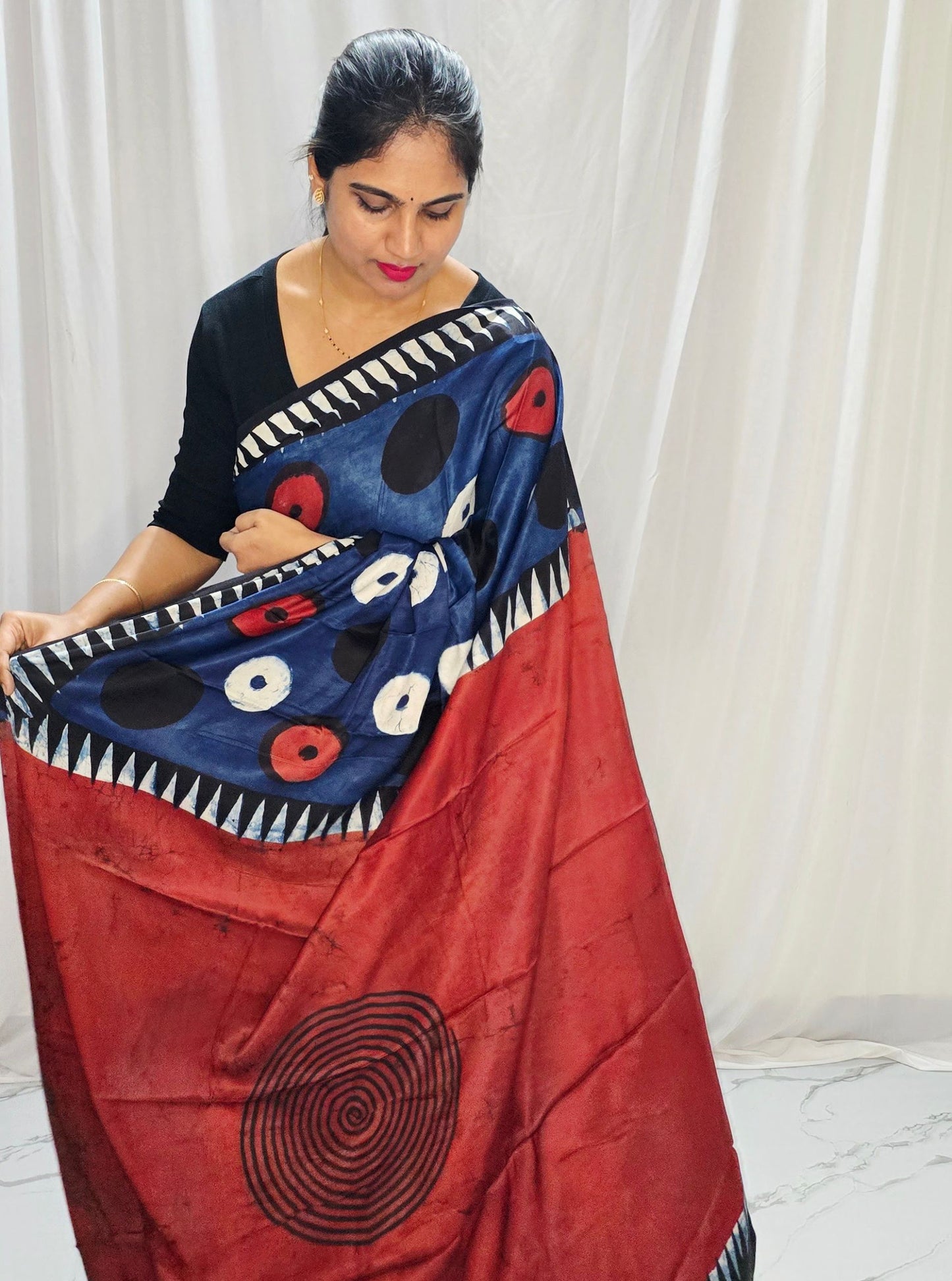 Rust Red & Indigo Pure Modal Silk Saree with Abstract Circular Motifs & Contrast Border