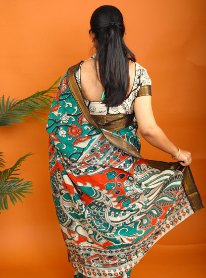 Teal Green Kalamkari Saree with Traditional Floral Print & Contrast Border