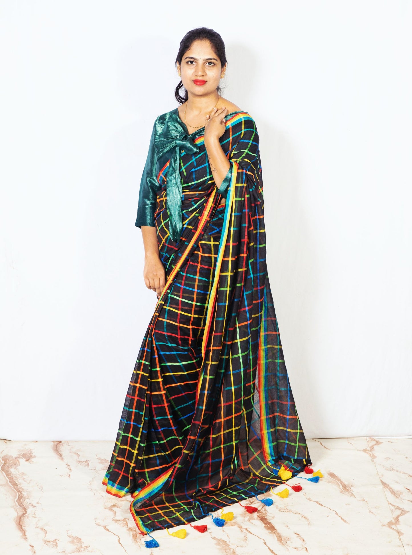 Black Mul Cotton Saree with Multicolor Checks & Tassel Pallu