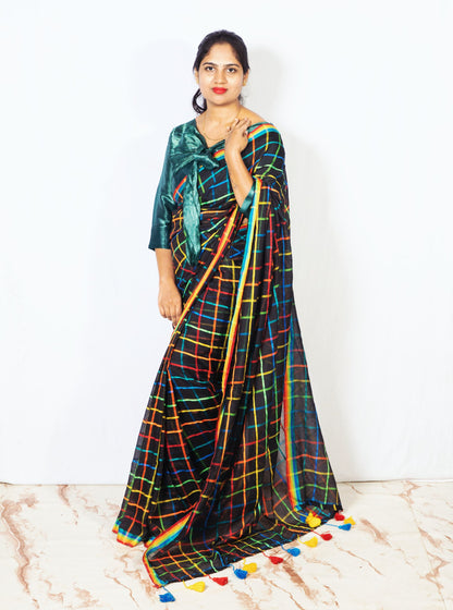 Black Mul Cotton Saree with Multicolor Checks & Tassel Pallu