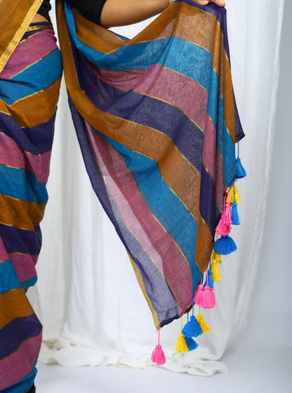 Elegant Brown, Blue and Pink Multicolor Mul Cotton Saree for Everyday Wear