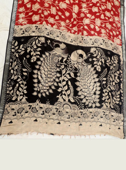 Black & Maroon Kalamkari Mangalagiri Silk Saree with Handcrafted Peacock & Floral Artwork