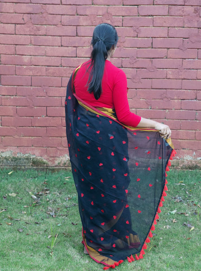 Black Mul Cotton Saree with Red Heart Motifs & Golden Zari Border