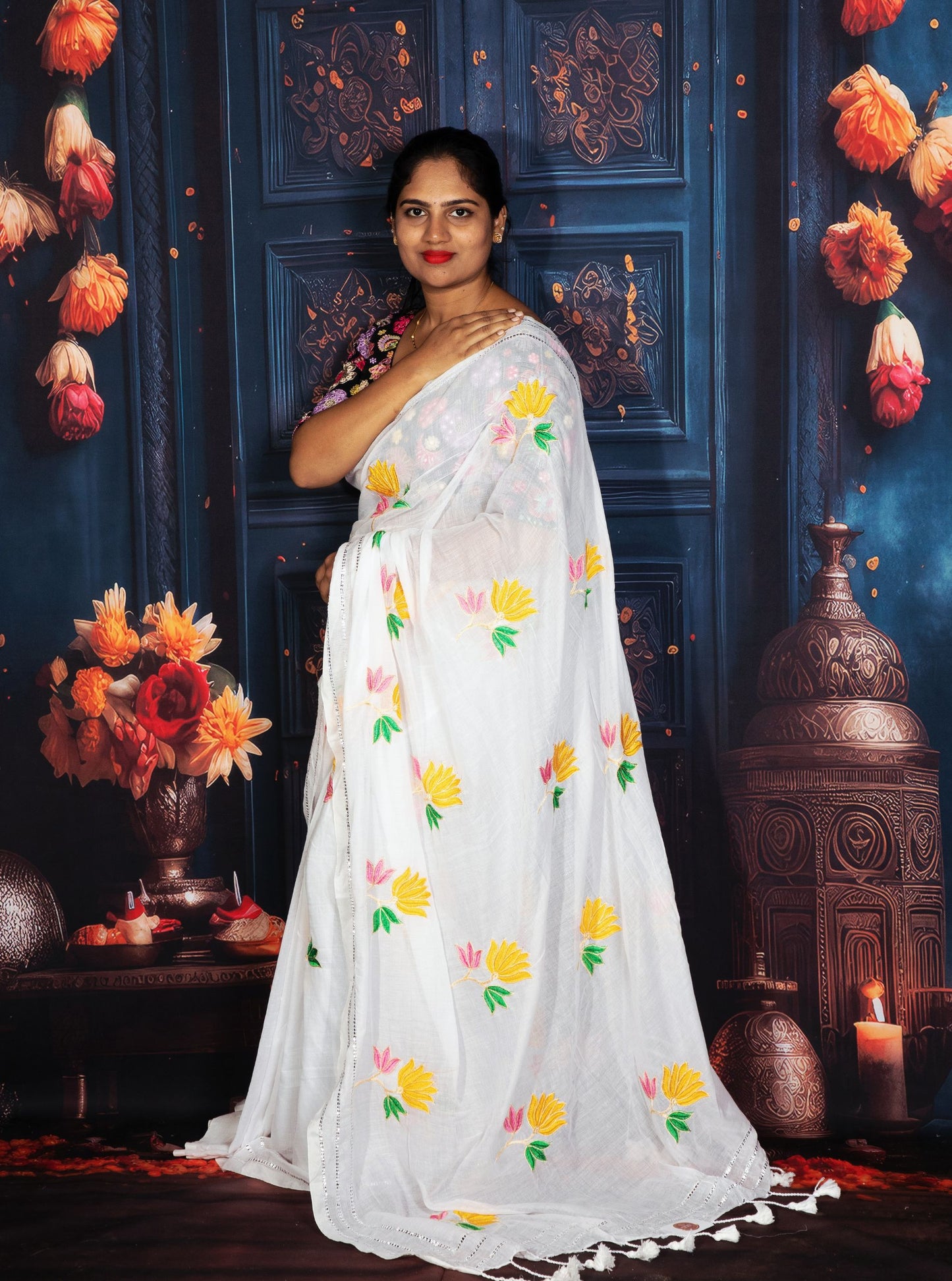 White Mul Cotton Saree with Colorful Floral Embroidery & Tassel Pallu