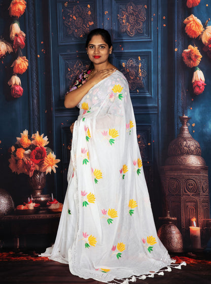 White Mul Cotton Saree with Colorful Floral Embroidery & Tassel Pallu