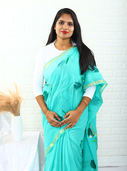 Artistic Blue Mul Cotton Saree with Elegant Hand Painted Detailing for Festive & Daily Wear