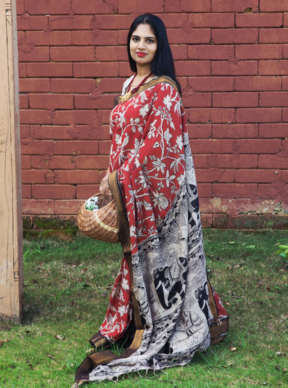 Rust Orange Kalamkari Silk Saree with Mythical Art Motifs