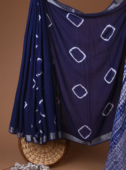 Indigo Blue Linen Cotton Saree with Shibori-Inspired Geometric Motifs