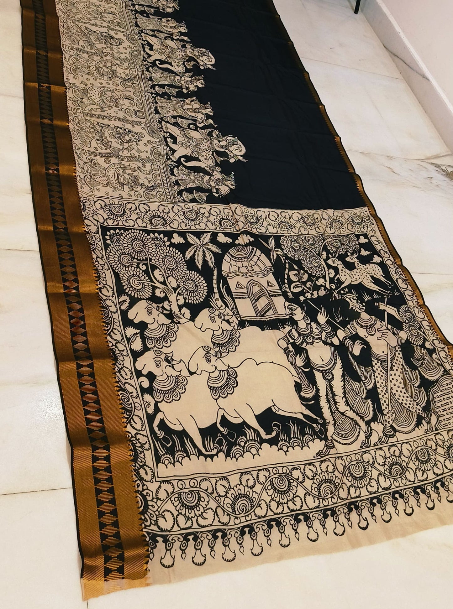 Classic Black Pen Kalamkari Saree with Mythological Narrative Panels & Antique Border