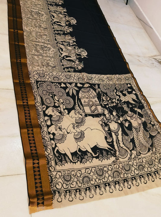 Classic Black Pen Kalamkari Saree with Mythological Narrative Panels & Antique Border