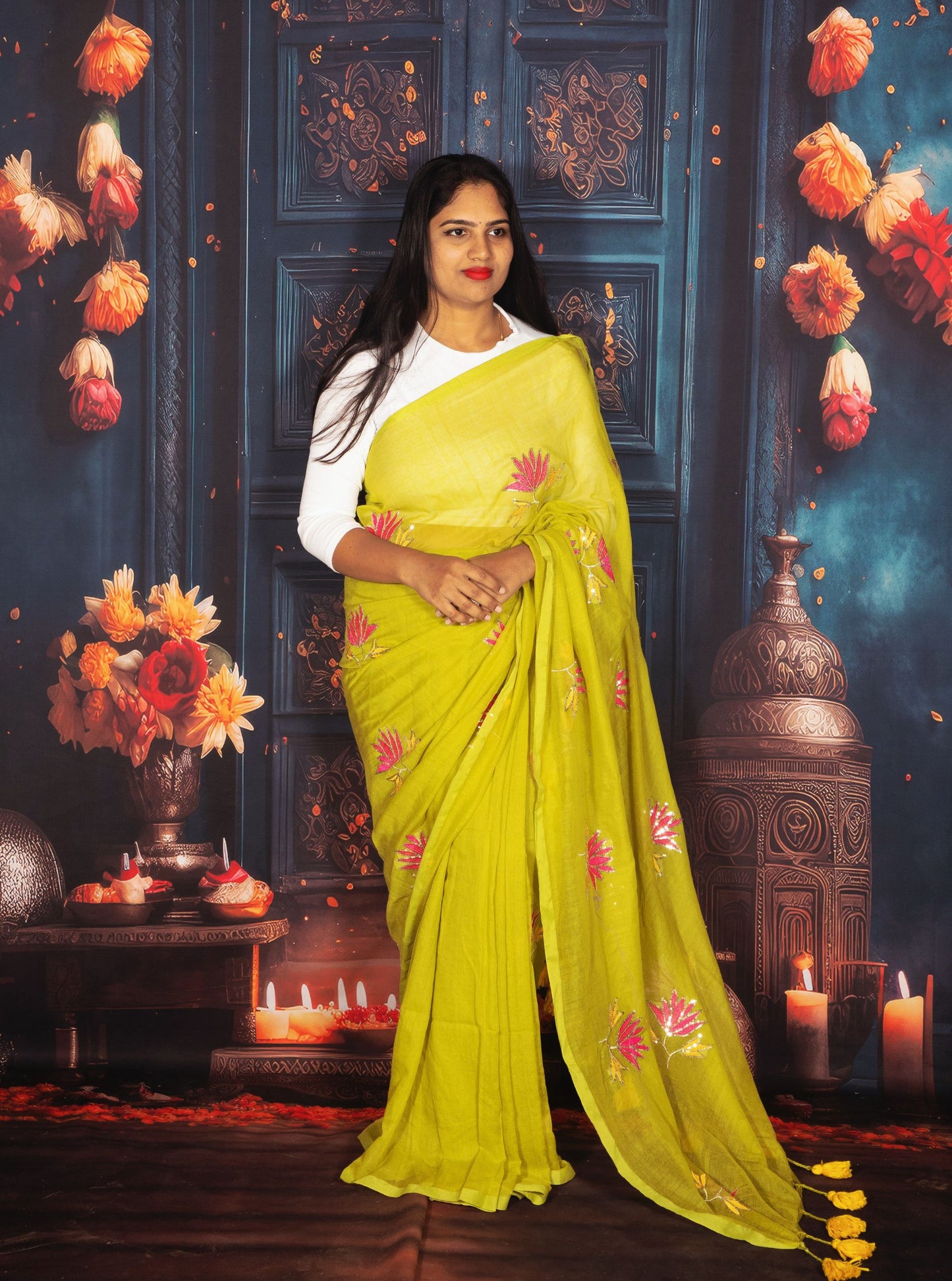Lime Green Mul Cotton Saree with Hand-Painted Pink Floral Motifs & Tassel Border