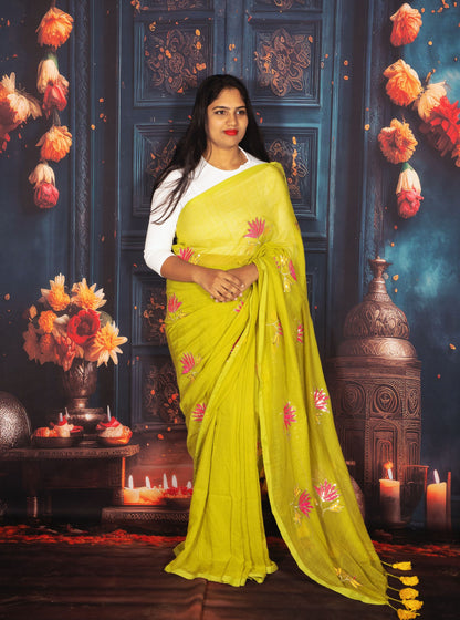 Lime Green Mul Cotton Saree with Hand-Painted Pink Floral Motifs & Tassel Border