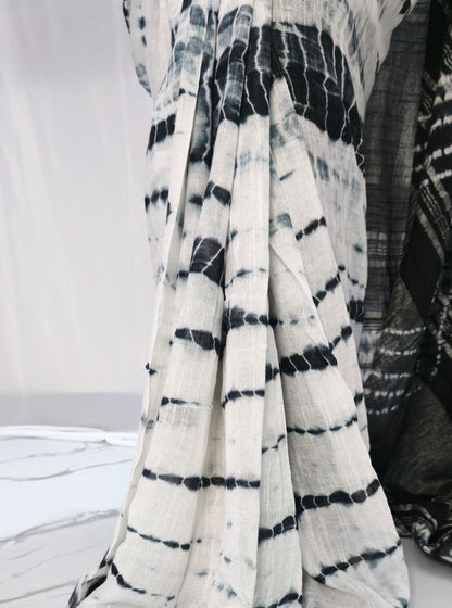 Ivory & Black Linen Cotton Saree with Shibori-Inspired Tie-Dye Patterns