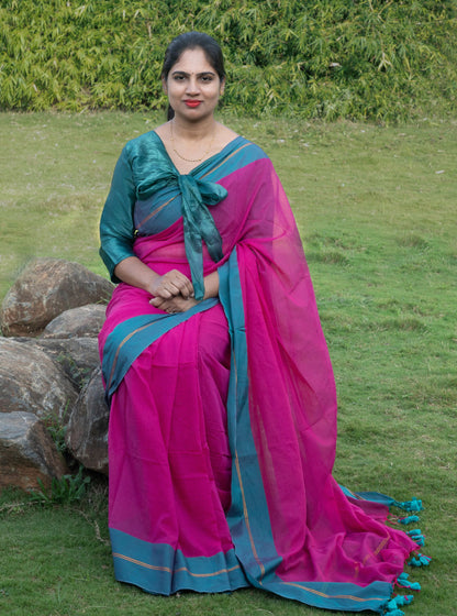 Pink & Teal Mul Cotton Saree with Contrast Border and Tassel Pallu