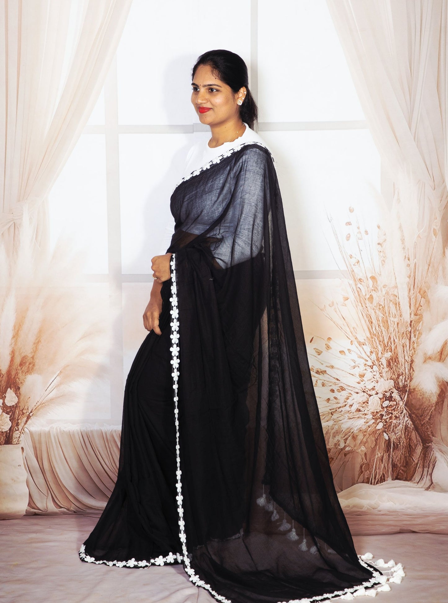 Elegant Black Mul Cotton Saree with White Floral Lace Border