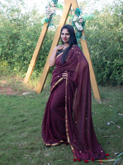 Maroon Mul Cotton Saree with Golden Polka Weave & Tassel Pallu
