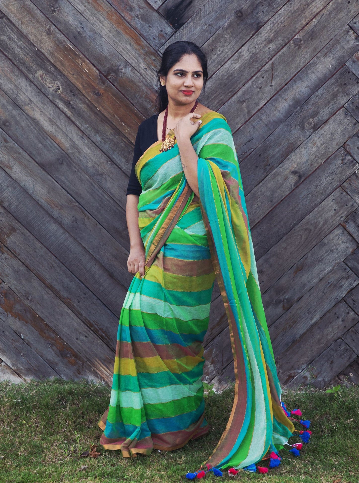Multicolor Striped Mul Cotton Saree with Contrast Tassel Pallu