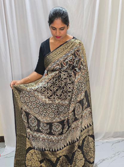Classic Black Dola Silk Saree with Traditional Ajrakh Print & Antique Gold Border