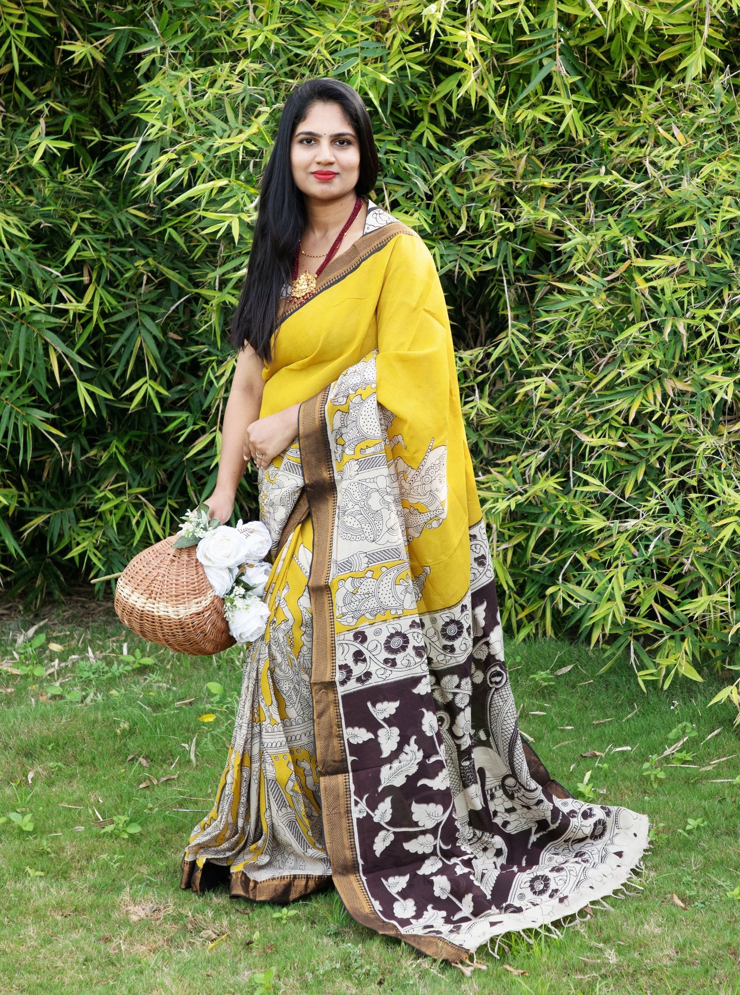 Mustard Yellow Kalamkari Mangalagiri Silk Saree with Contrast Pallu