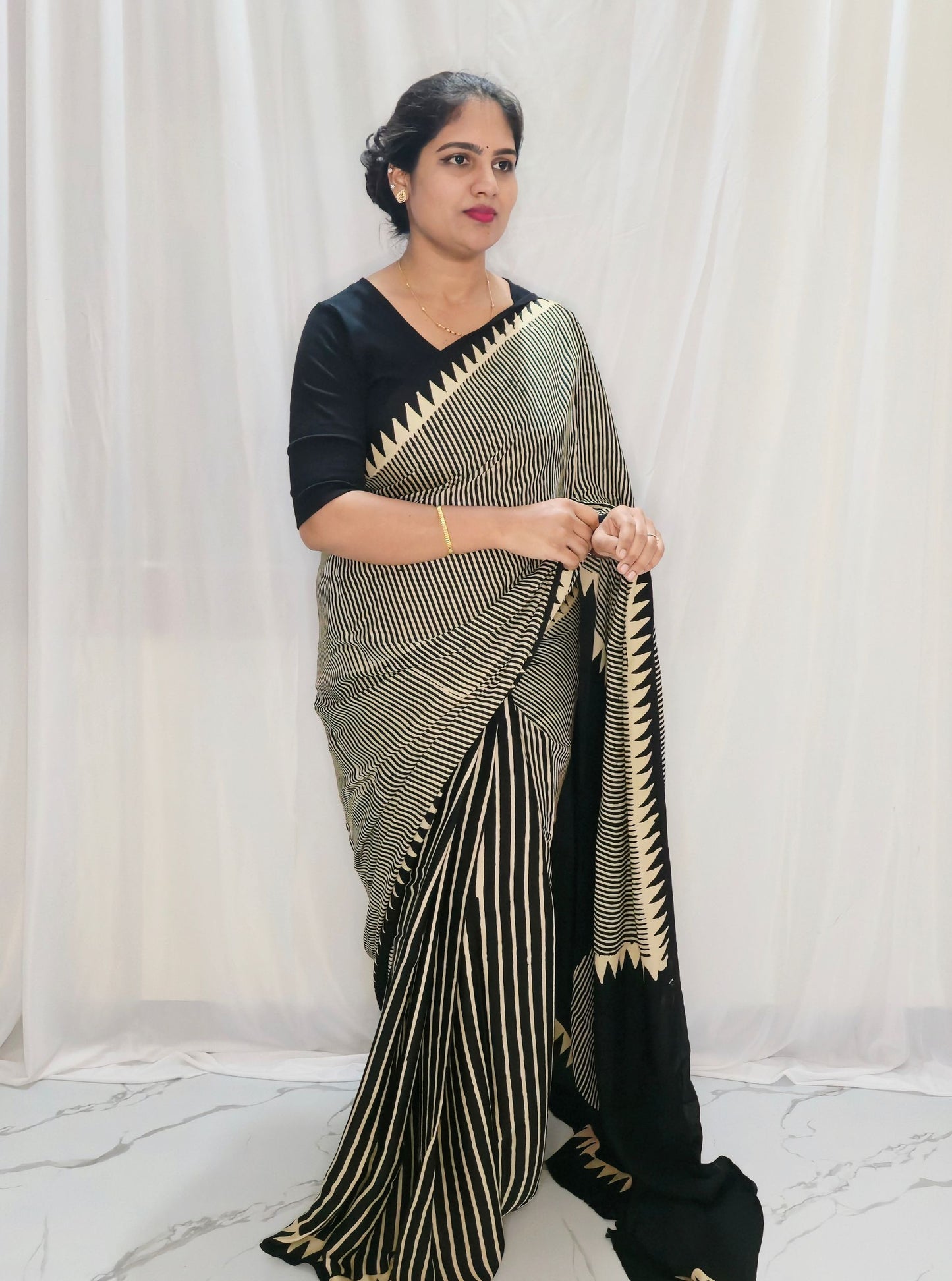 Black & Ivory Pure Modal Silk Saree with Contemporary Stripe Design
