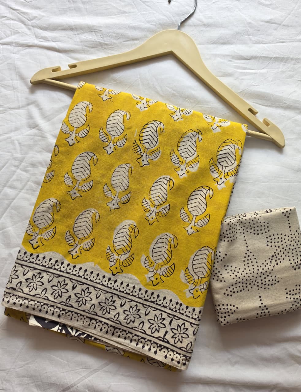 Mustard Yellow & Ivory Cotton Bagru Print Saree with Handblock Floral Border