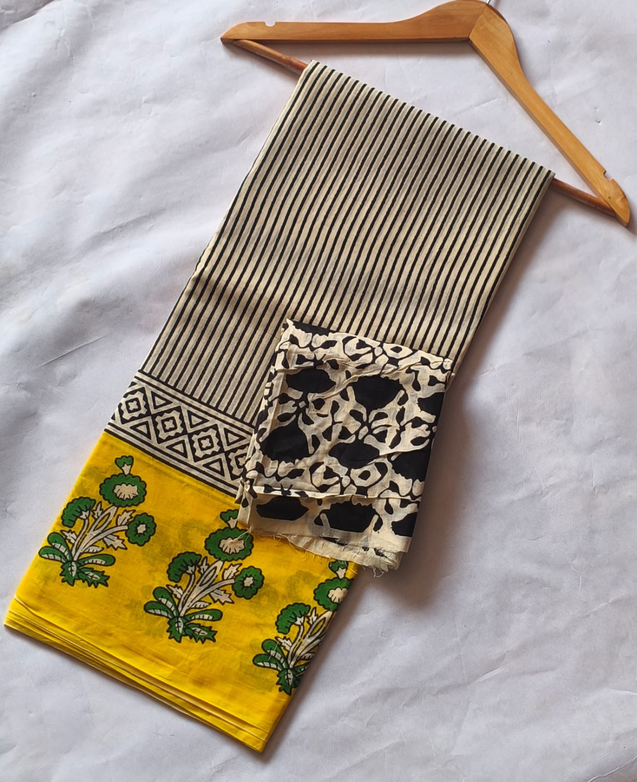Ivory & Mustard Yellow Striped Cotton Bagru Saree